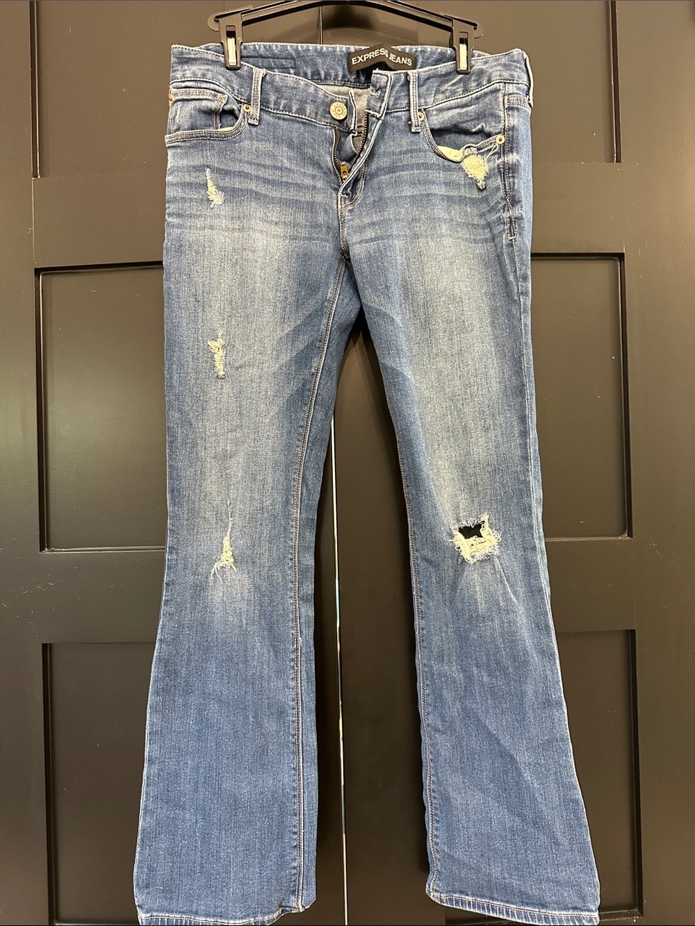 Express Women's Flare Jeans - Medium Blue Distressed Size 6s
